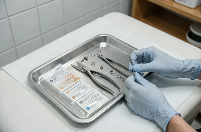 Plateau d'instruments stériles dans un studio de piercing professionnel avec outils et bijoux prêts à l'emploi