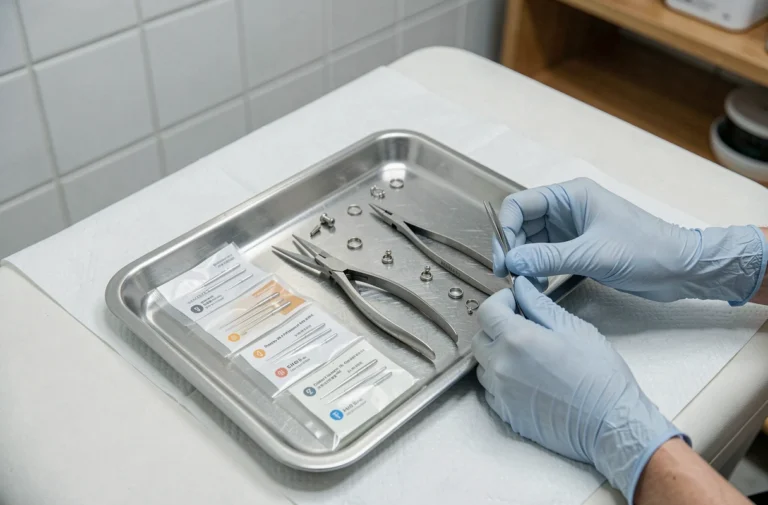Plateau d'instruments stériles dans un studio de piercing professionnel avec outils et bijoux prêts à l'emploi