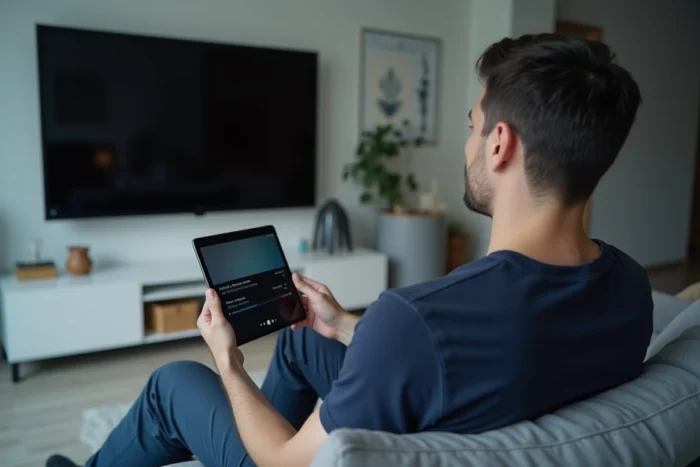 Homme synchronisant des sous-titres sur une tablette dans un salon moderne