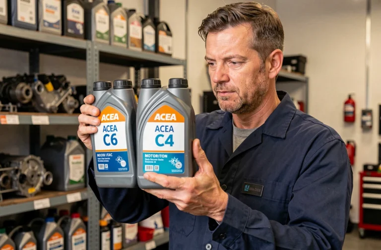 Technicien automobile comparant deux bouteilles d'huile moteur ACEA C3 et C4 dans un atelier moderne