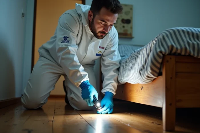 Technicien en désinsectisation inspectant un cadre de lit pour détecter une infestation de punaises de lit