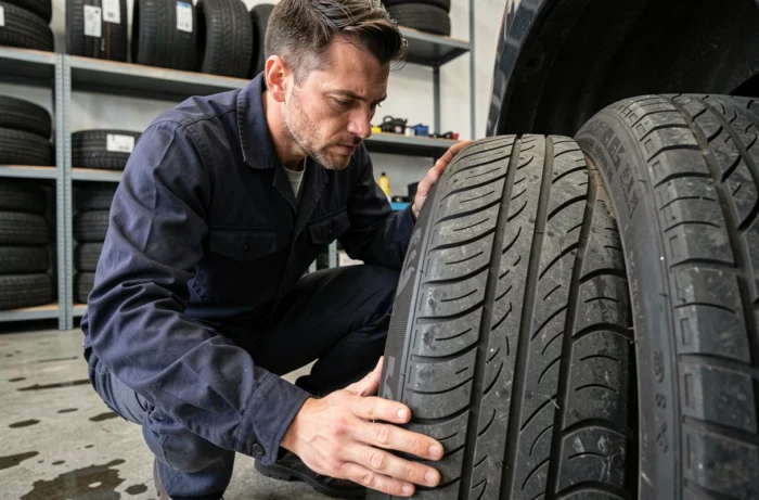 Technicien automobile examinant attentivement le profil d'un pneu toutes saisons dans un garage professionnel