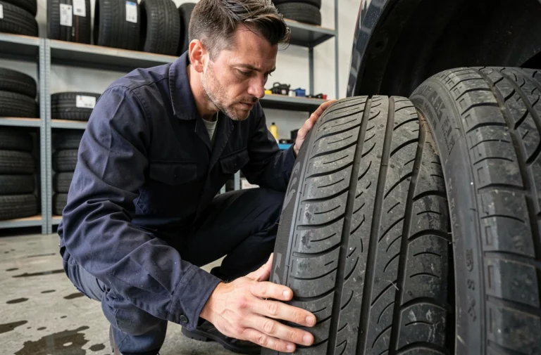 Technicien automobile examinant attentivement le profil d'un pneu toutes saisons dans un garage professionnel