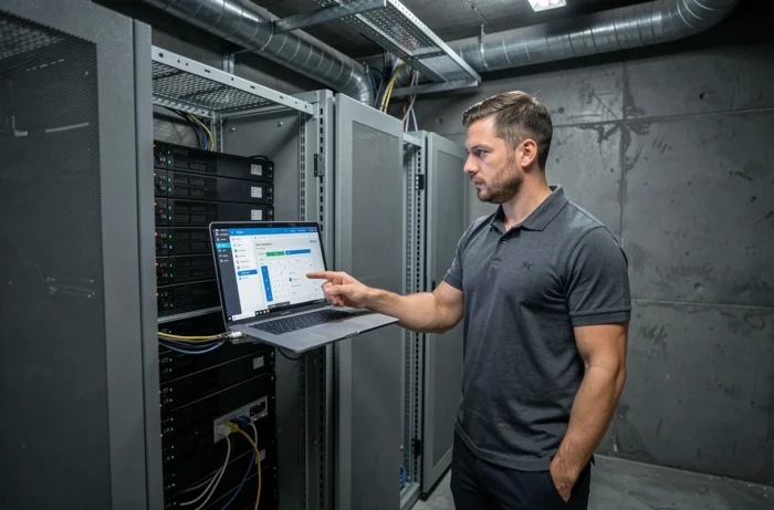 IT-Techniker, der eine sichere Messaging-Lösung Zimbra von einem lokalen Rechenzentrum aus verwaltet
