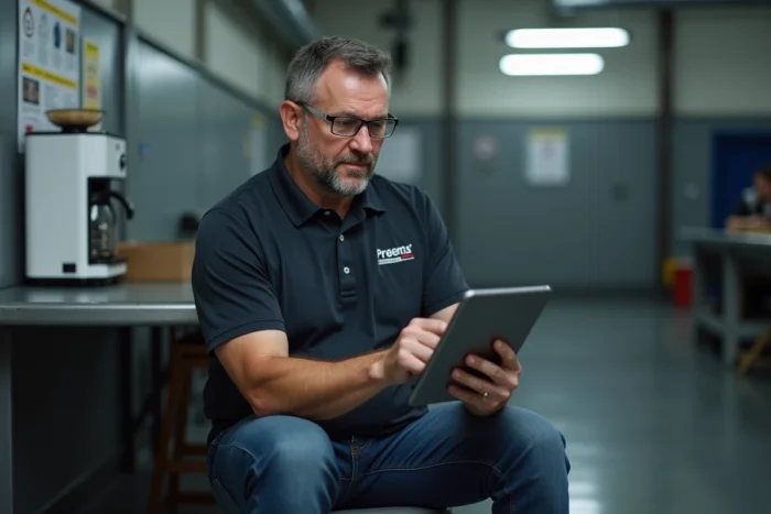 Technicien Securitest consultant son espace affilié en ligne sur une tablette dans la salle de pause d'un centre de contrôle technique