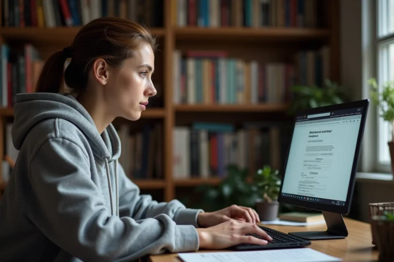 Jeune femme téléchargeant des sous-titres sur son ordinateur portable dans un bureau à domicile