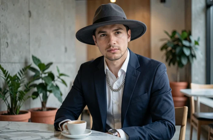 Homme élégant en costume marine portant un chapeau en feutre gris et une chaîne argentée, assis dans un café contemporain aux murs en béton pour illustrer les tendances accessoires homme 2024