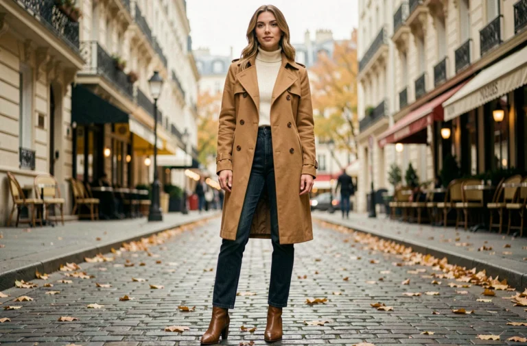 Femme élégante en manteau camel et jean droit dans une rue pavée parisienne en automne, tendances mode saison