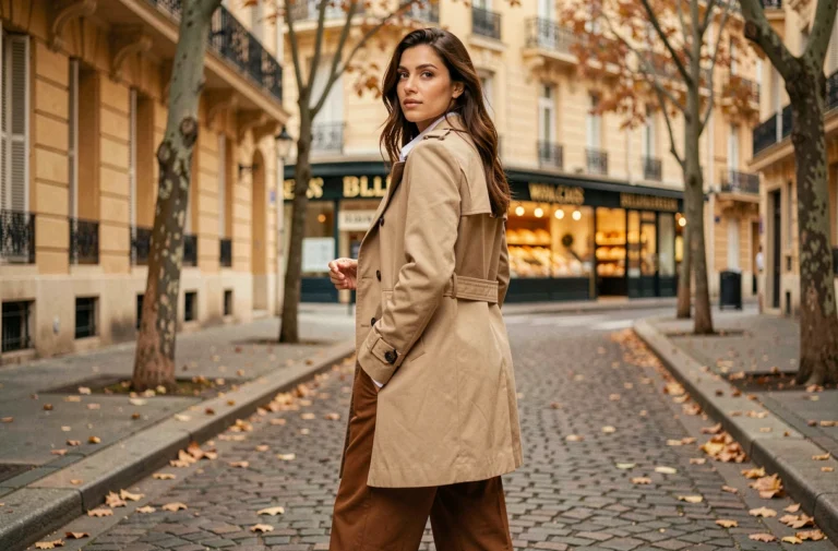 Femme élégante en trench coat beige dans une rue pavée parisienne, illustrant les tendances mode automne-hiver