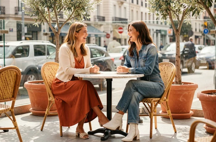 Deux femmes aux styles complémentaires tendance attablées en terrasse de café, illustrant la diversité des tendances mode actuelles