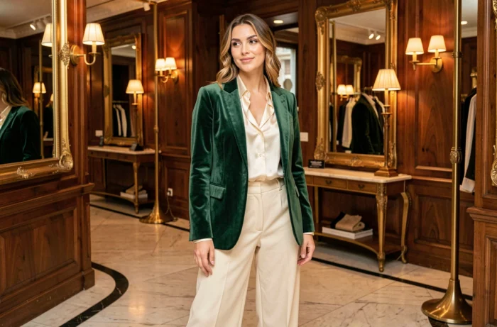Femme élégante en blazer velours émeraude et pantalon large dans une boutique parisienne luxueuse, tendances mode glamour saison