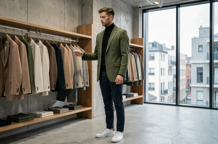 Homme stylé en blazer oversize vert explorant un concept store minimaliste, reflétant les tendances mode masculine contemporaines