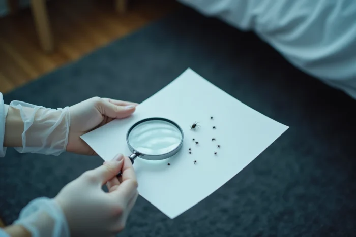 Test papier blanc pour identifier de petites bêtes noires qui sautent sur un tapis sombre