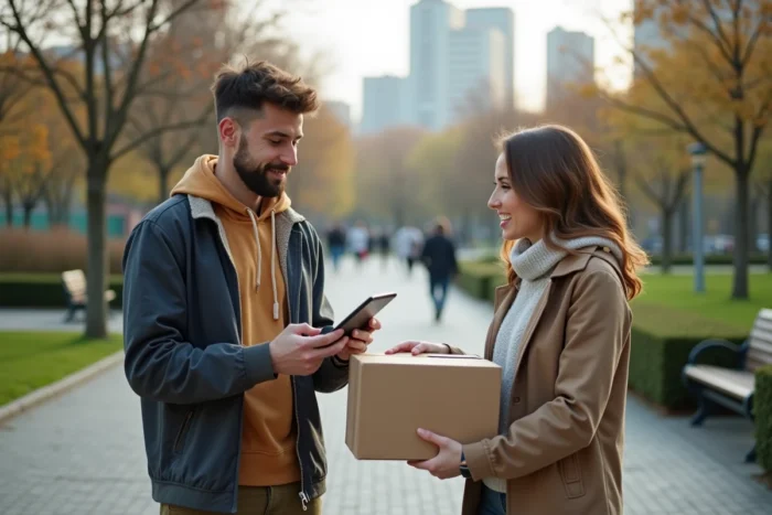 Deux personnes finalisant une transaction de vente entre particuliers dans un parc urbain avec une tablette