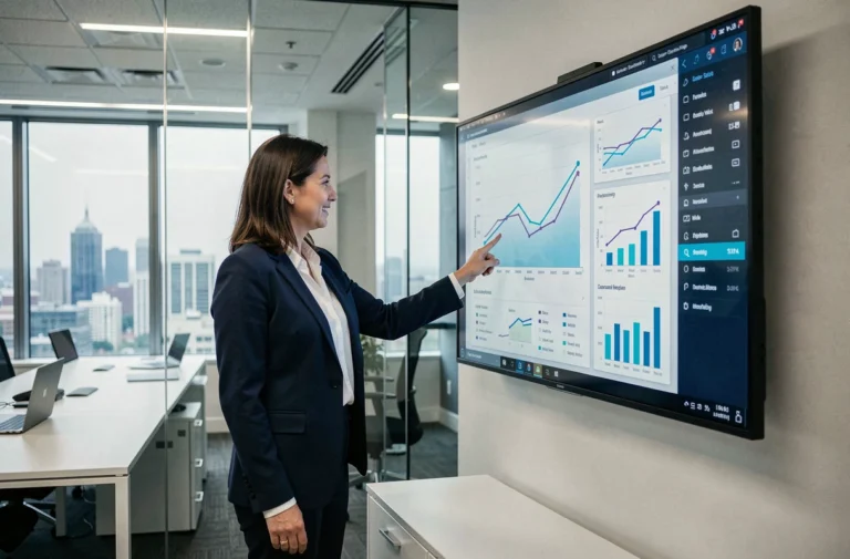 Femme cadre dirigeante présentant un tableau de bord digital dans une salle de réunion d'entreprise moderne pour illustrer la transformation digitale