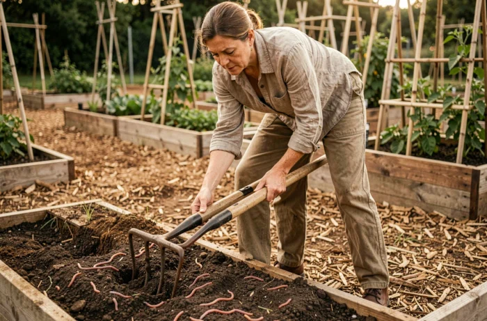 Femme utilisant une grelinette pour ameublir le sol du potager sans le retourner, respectant la structure naturelle de la terre et la vie microbienne