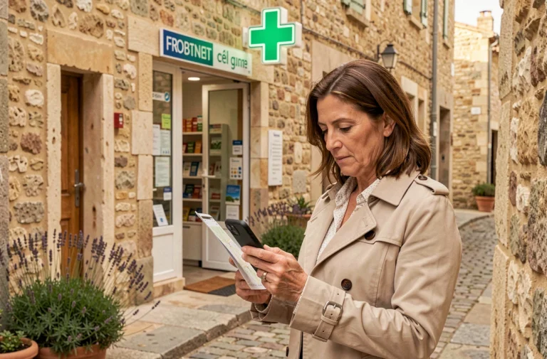 Femme devant une pharmacie de village en Provence consultant son téléphone pour trouver une officine rapidement