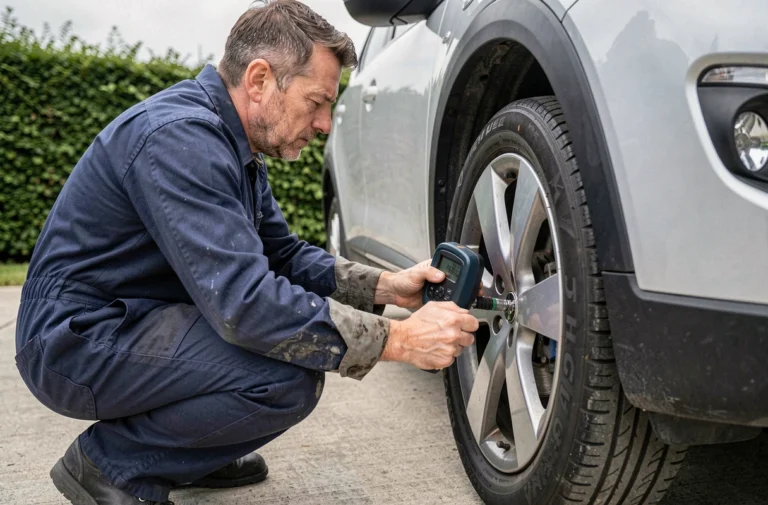 Mécanicien vérifiant la pression des pneus d'une Peugeot 2008 avec un manomètre numérique dans une allée résidentielle
