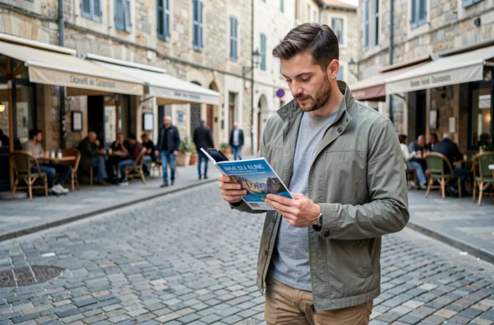 Voyageur consultant des articles de voyage sur son smartphone dans une vieille ville européenne