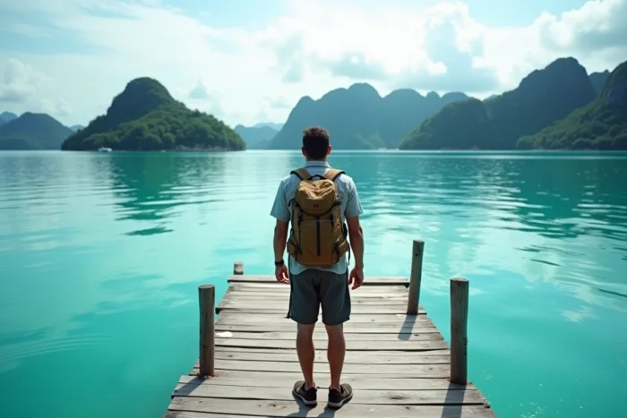 Voyageur solitaire contemplant les îles karstiques de Raja Ampat en Indonésie depuis un ponton en bois