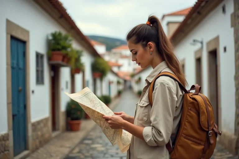 Voyageuse authentique consultant une carte papier dans une ruelle pavée d'un village portugais traditionnel