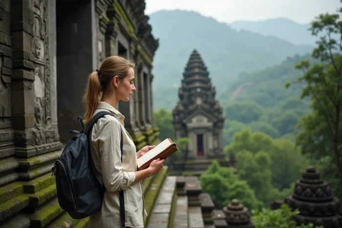 Voyageuse consultant son carnet de voyage devant un temple bouddhiste en Thaïlande