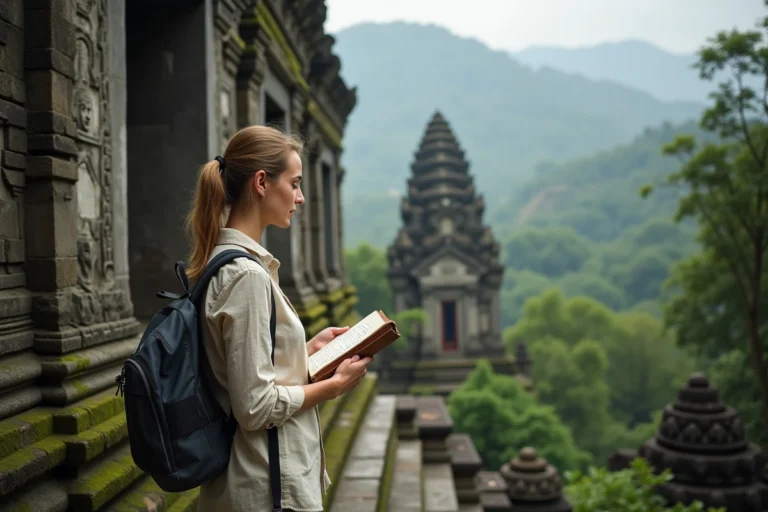 Voyageuse consultant son carnet de voyage devant un temple bouddhiste en Thaïlande