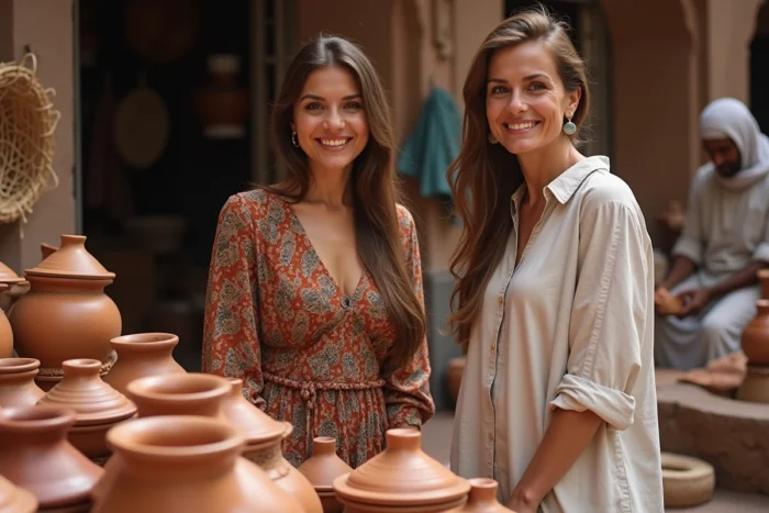 Deux voyageuses explorant un marché artisanal marocain avec des céramiques et poteries traditionnelles