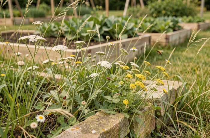 Zone non fauchée au bord du potager laissée en herbes folles et fleurs sauvages pour accueillir les insectes auxiliaires comme les coccinelles et les pollinisateurs bénéfiques
